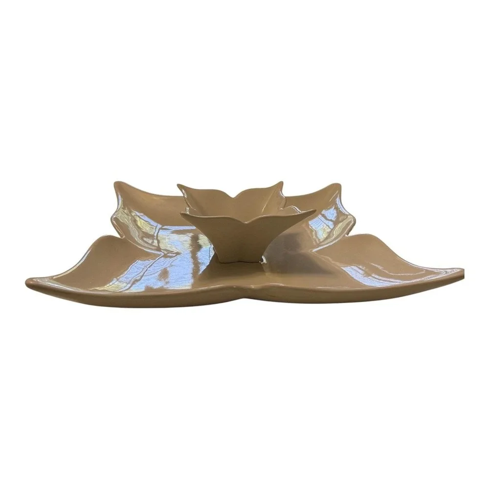 Godinger Fiori Collection White Porcelain Lotus Serving Platter Dip Bowl Set